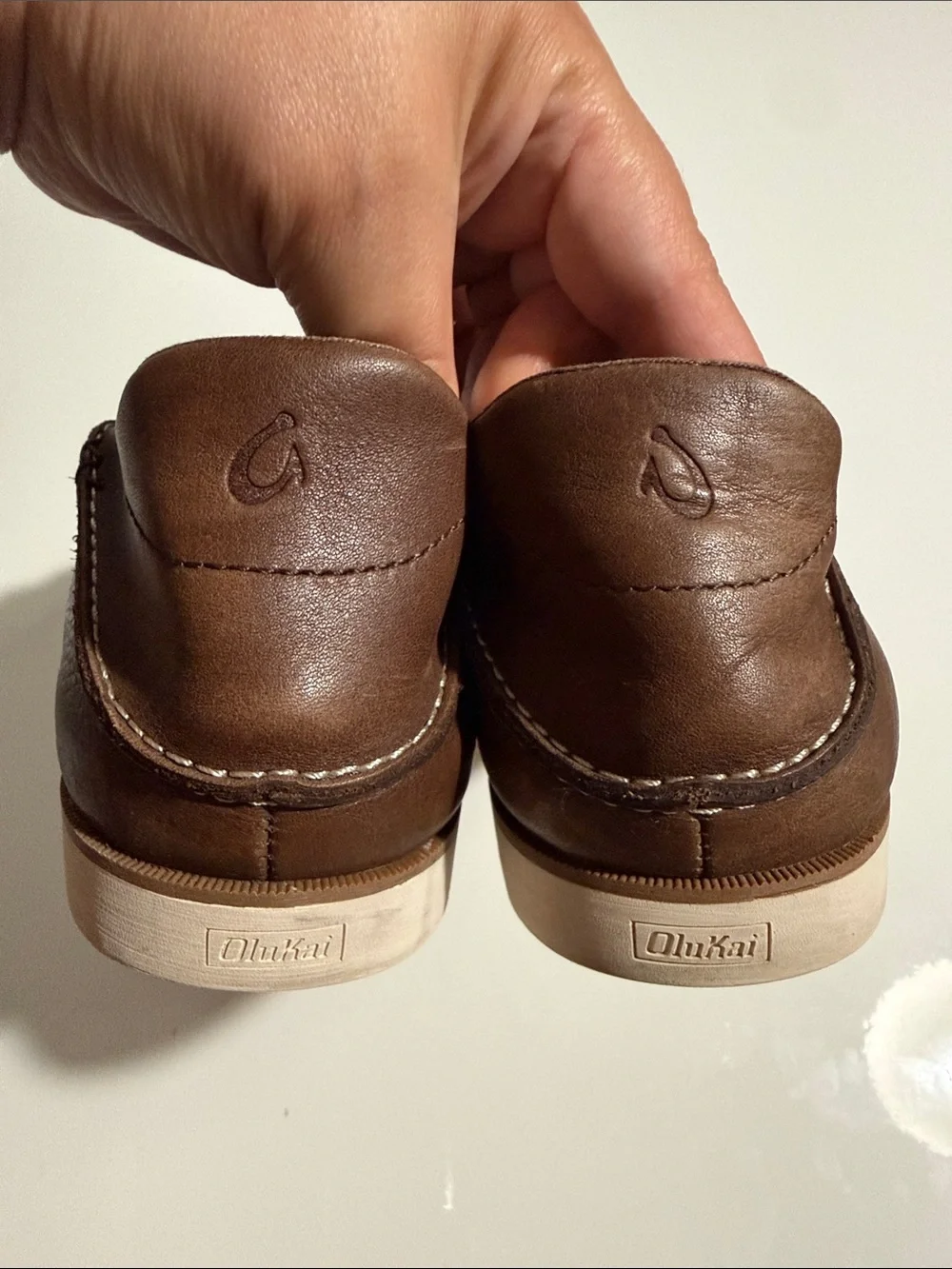 OluKai DEDE Moku Brown Leather MENS Lace-Up Moc Toe Boat Loafers Shoes - Size 13